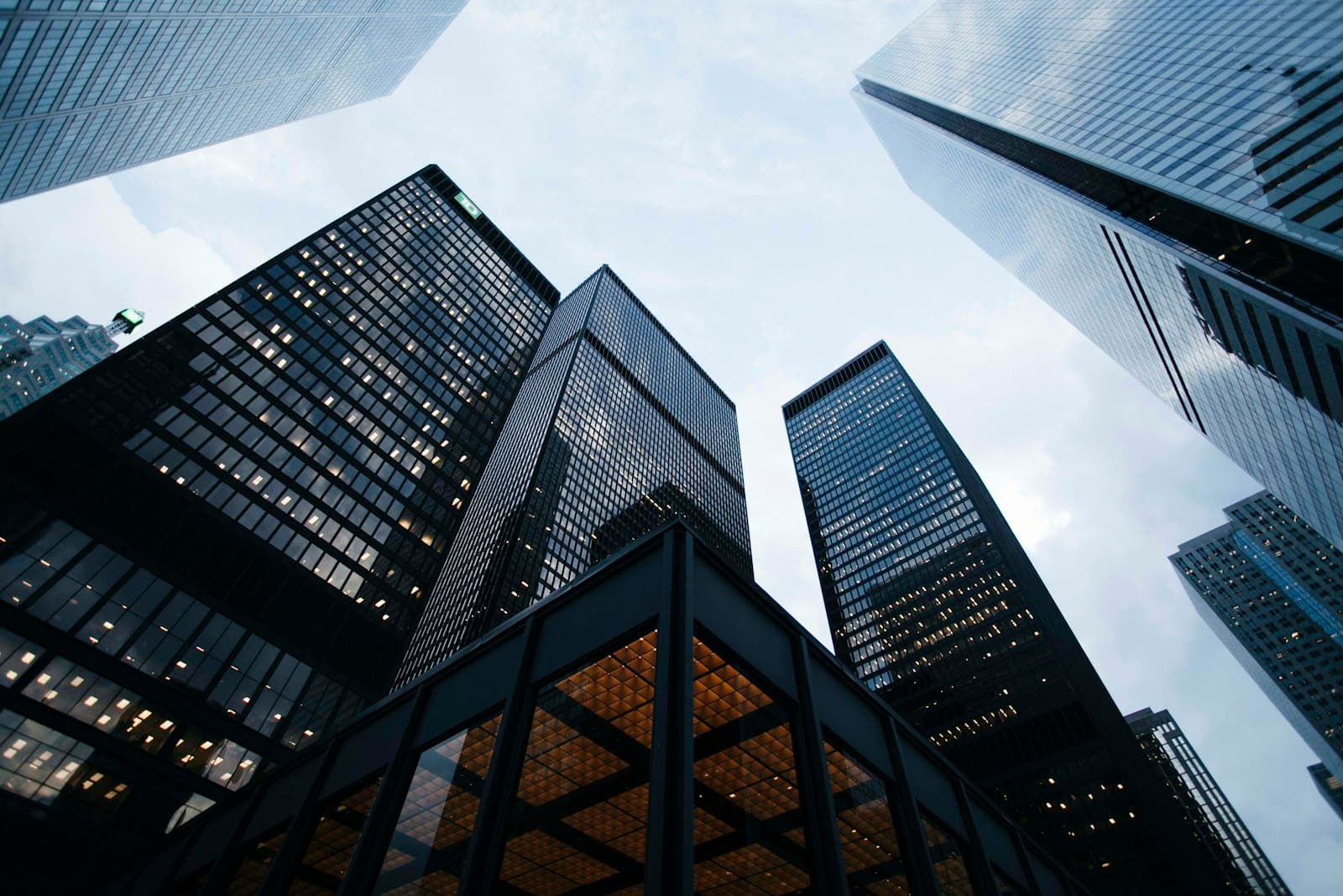 Financial-district skyscrapers seen from below